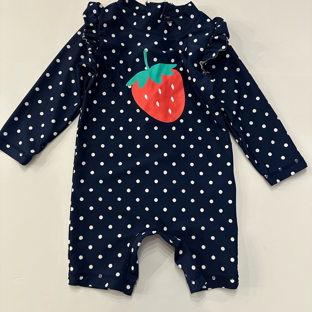 6/20$ CARTER’S Navy Polka Dot/Strawberry One piece Rashguard size 12 months